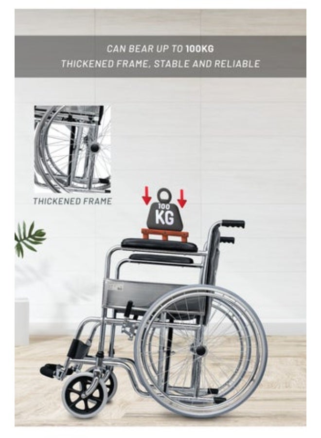 ايدبلس كرسي متحرك قابل للطي، إطار فولاذي مطلي بالكروم شديد التحمل، مقعد مريح من مادة PVC، طبي - Image 3